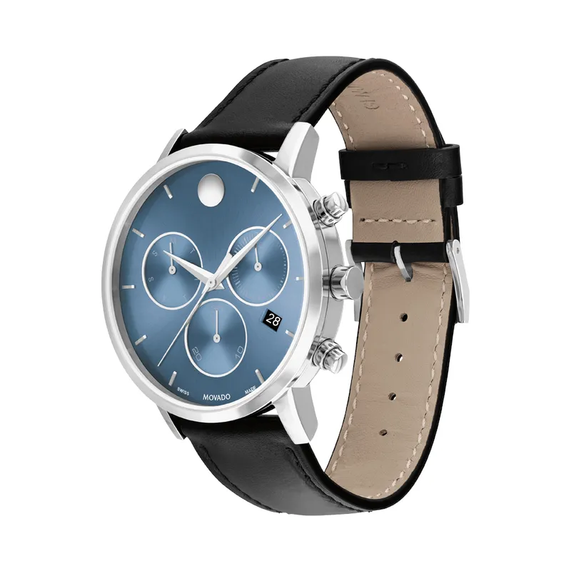 Movado Museum Classic Mens Stainless Steel Blue Dial Black Leather Strap Chronograph Watch