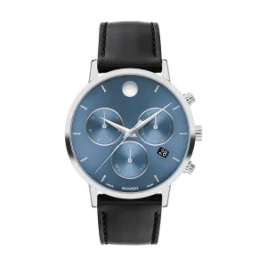 Movado Museum Classic Mens Stainless Steel Blue Dial Black Leather Strap Chronograph Watch