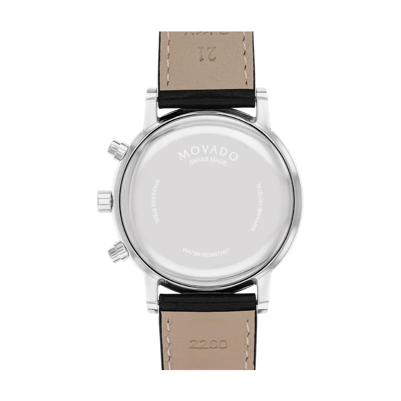 Movado Museum Classic Mens Stainless Steel Blue Dial Black Leather Strap Chronograph Watch