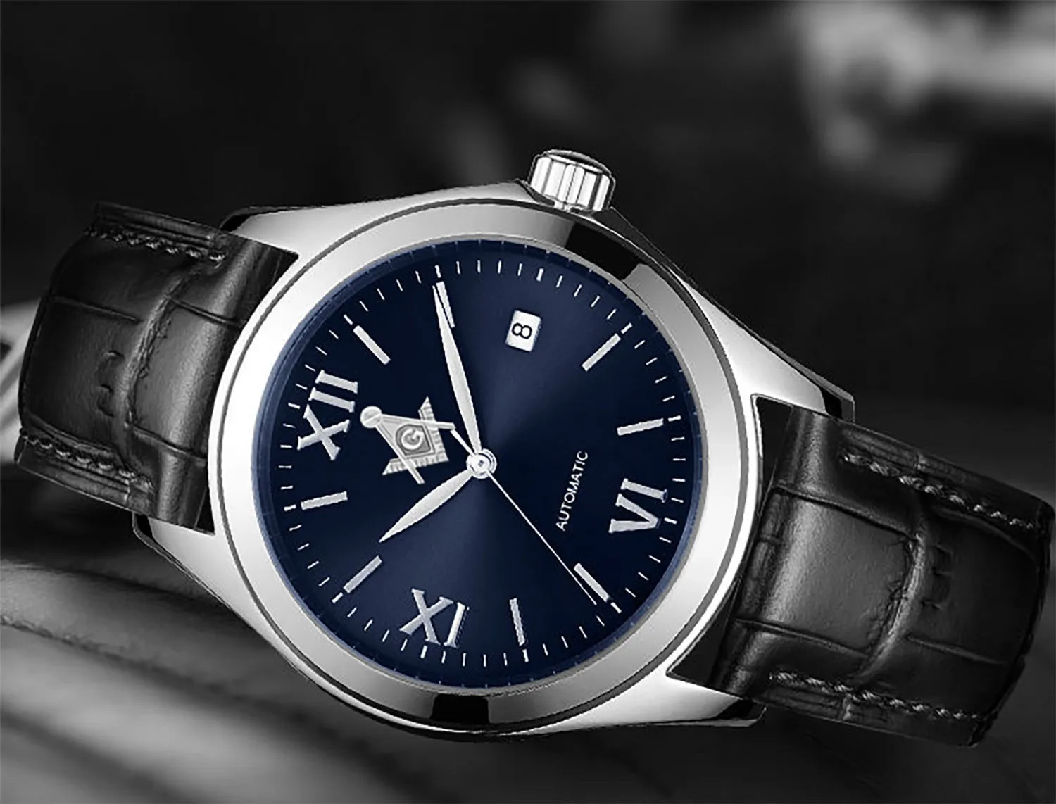 New Men's Stainless Steel Swiss Automatic ETA Masonic Dress Watch, 42mm