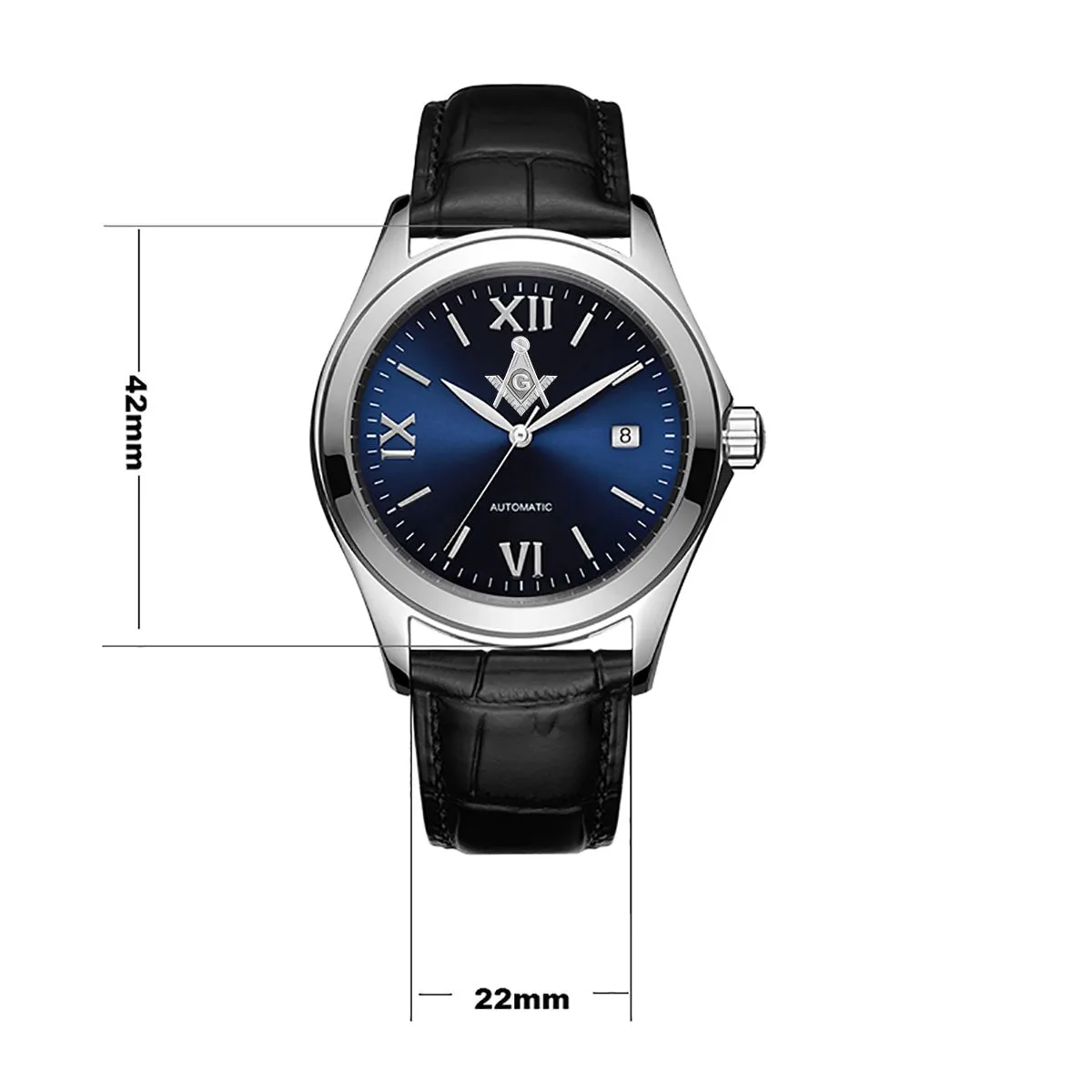 New Men's Stainless Steel Swiss Automatic ETA Masonic Dress Watch, 42mm