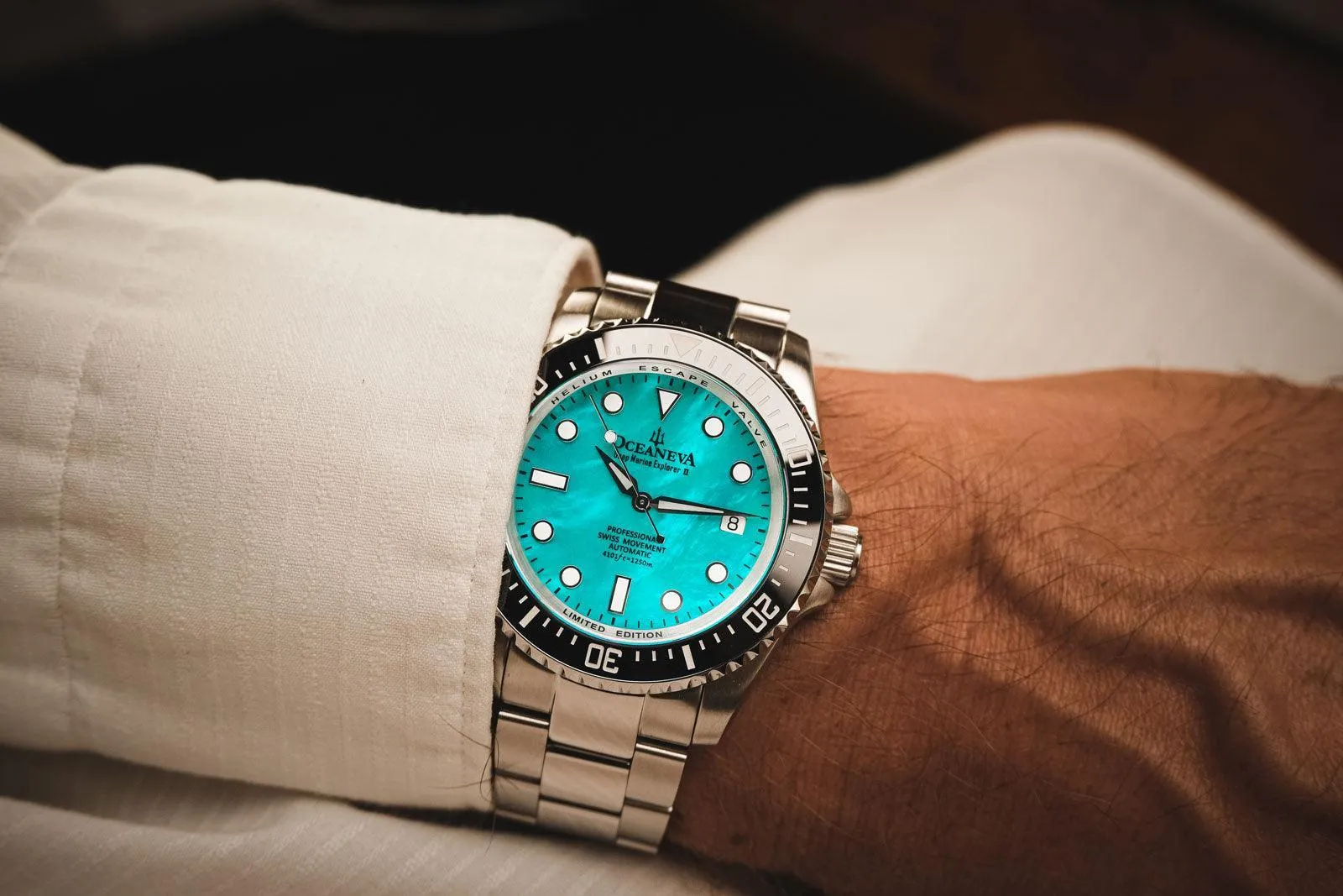 Oceaneva Men's Deep Marine Explorer II 1250M Pro Diver Watch Aquamarine Mother of Pearl Dial
