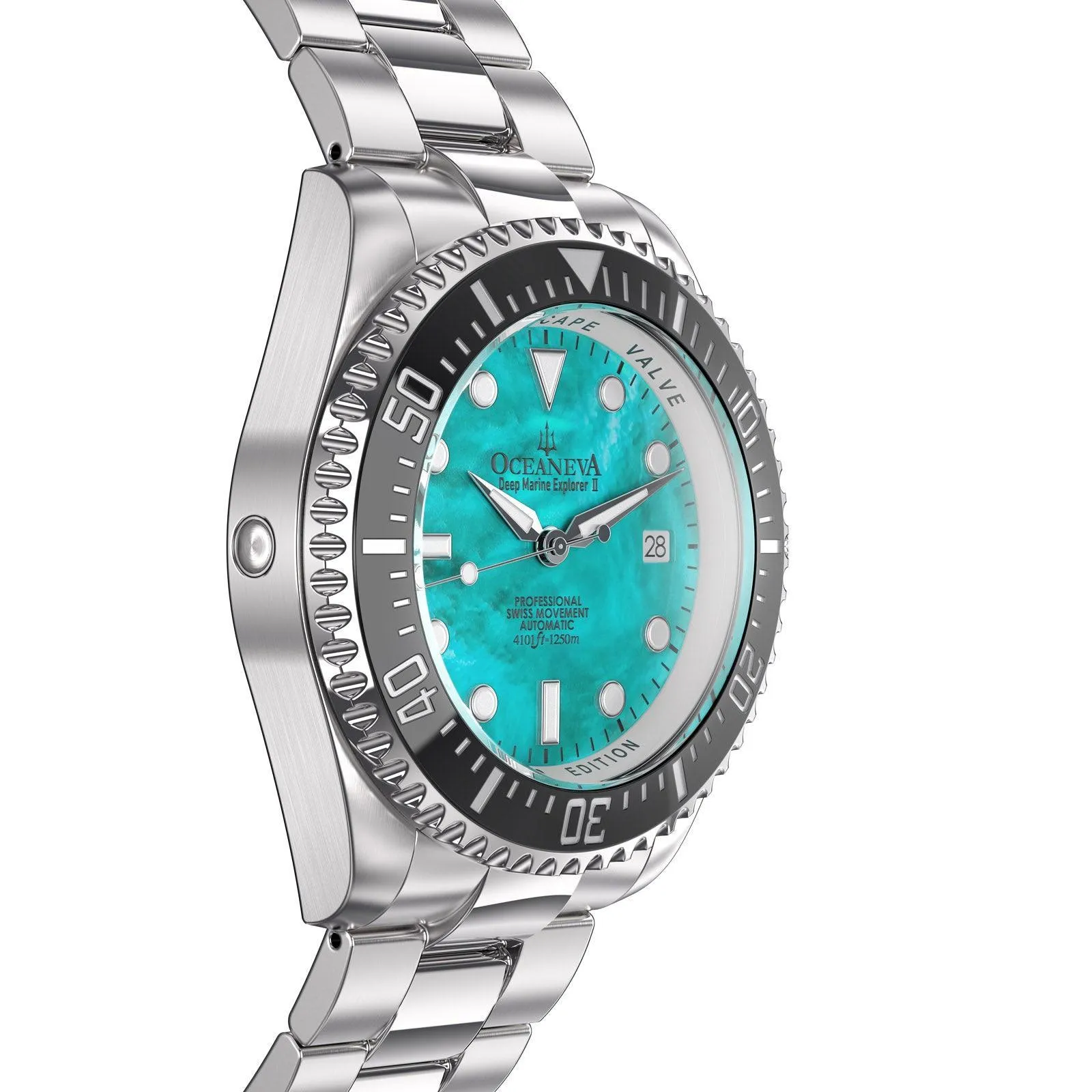Oceaneva Men's Deep Marine Explorer II 1250M Pro Diver Watch Aquamarine Mother of Pearl Dial