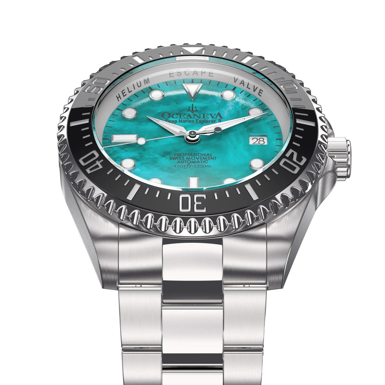 Oceaneva Men's Deep Marine Explorer II 1250M Pro Diver Watch Aquamarine Mother of Pearl Dial