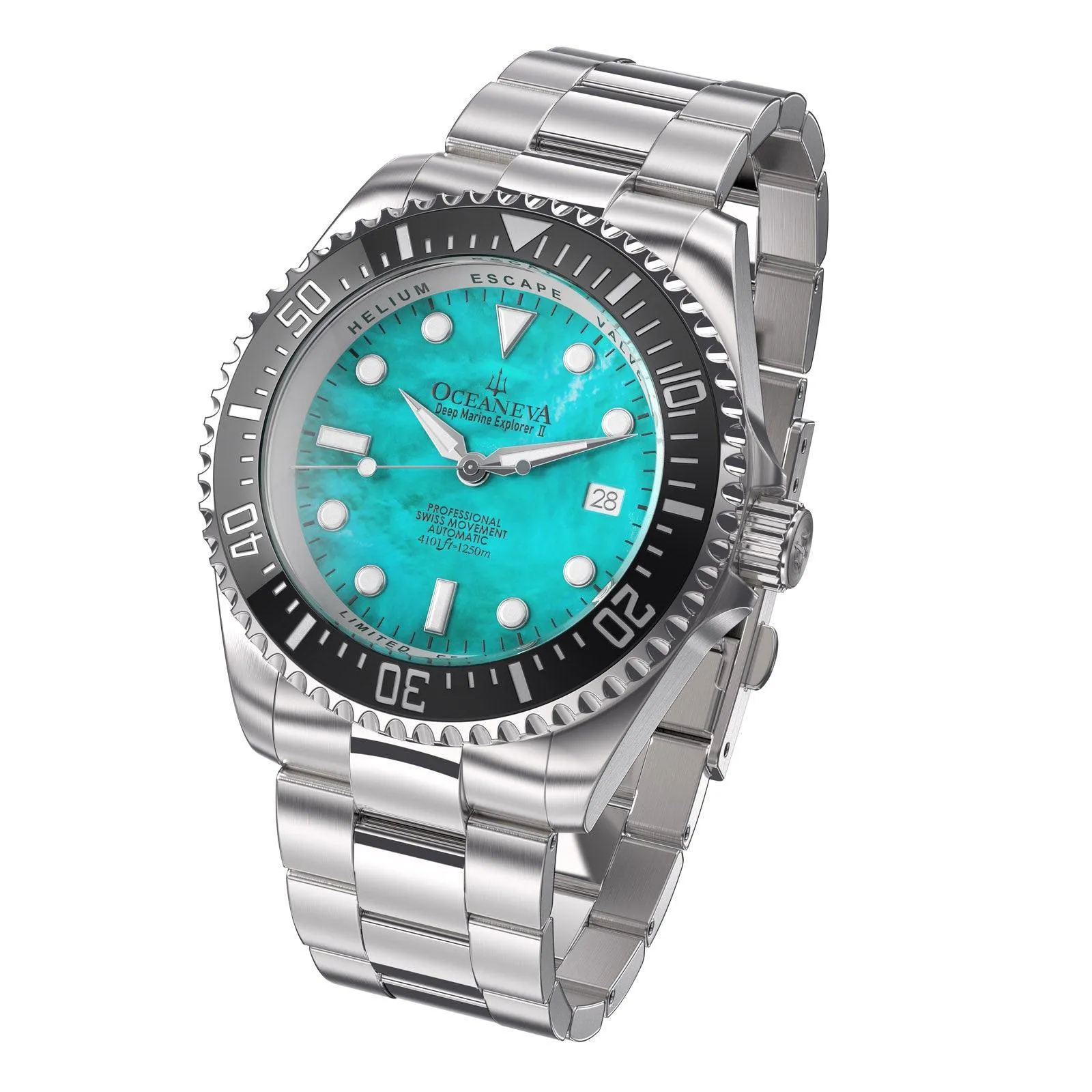 Oceaneva Men's Deep Marine Explorer II 1250M Pro Diver Watch Aquamarine Mother of Pearl Dial