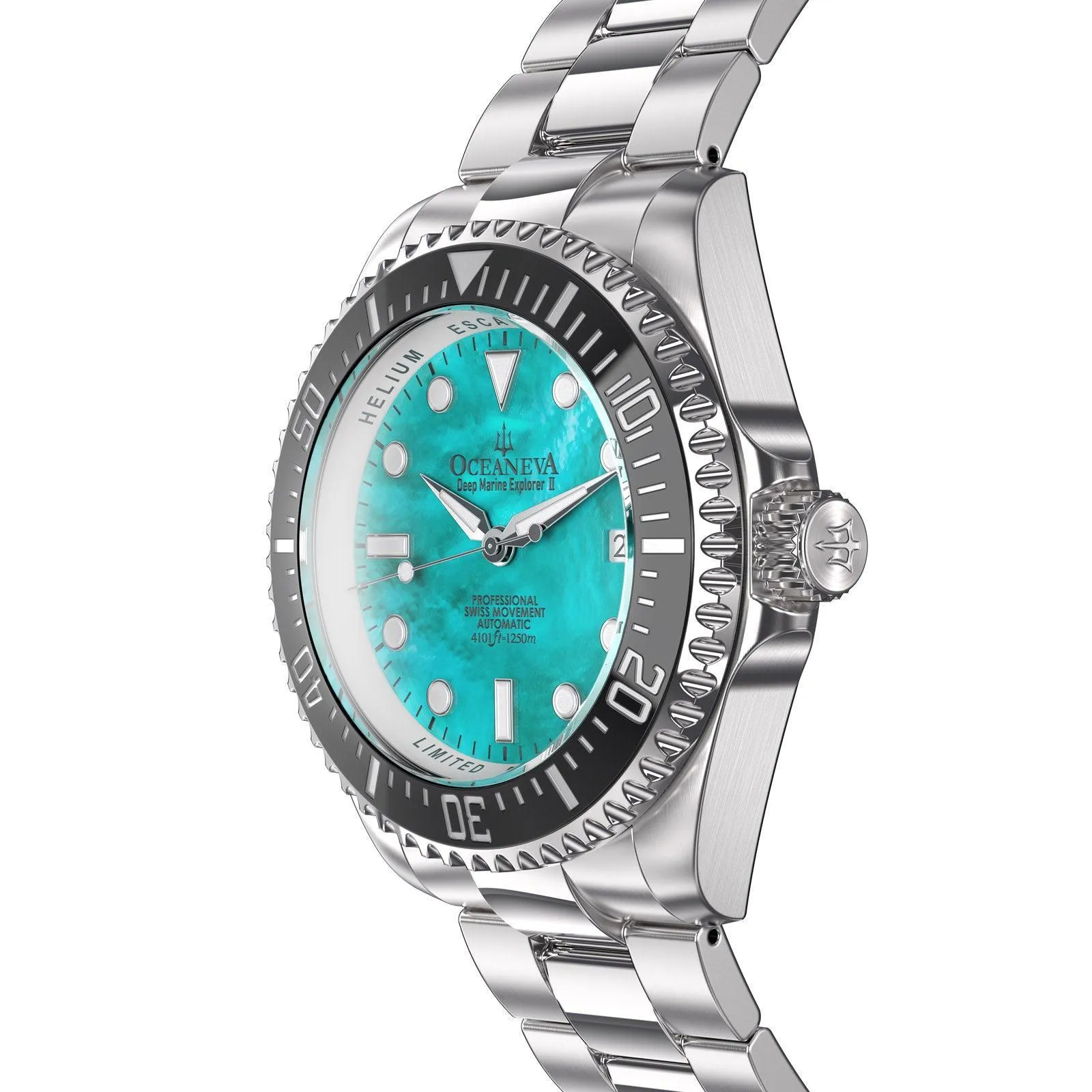 Oceaneva Men's Deep Marine Explorer II 1250M Pro Diver Watch Aquamarine Mother of Pearl Dial