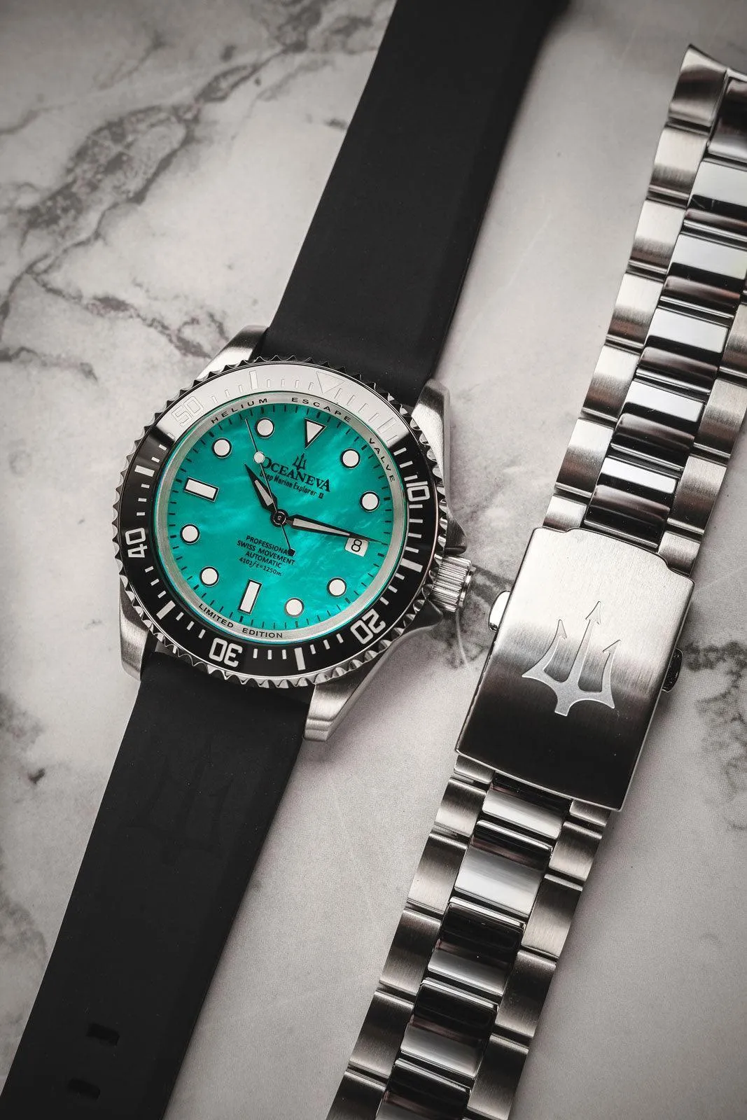 Oceaneva Men's Deep Marine Explorer II 1250M Pro Diver Watch Aquamarine Mother of Pearl Dial