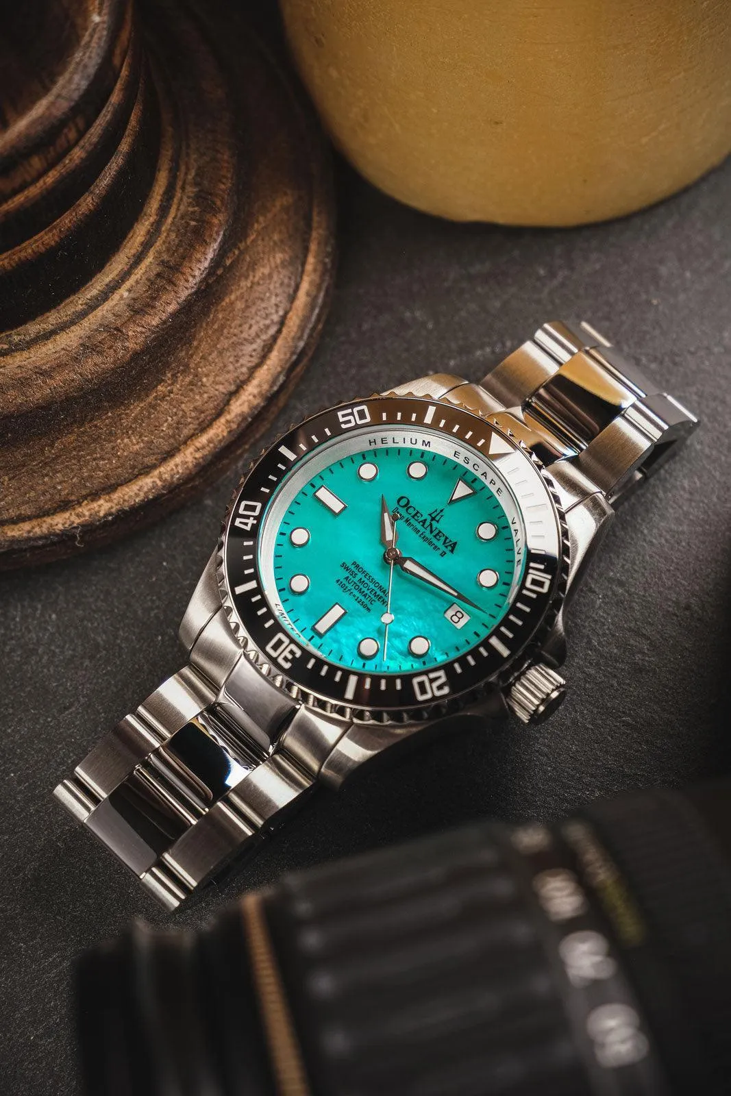 Oceaneva Men's Deep Marine Explorer II 1250M Pro Diver Watch Aquamarine Mother of Pearl Dial