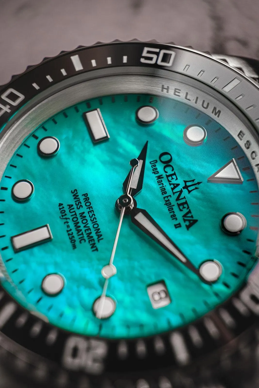 Oceaneva Men's Deep Marine Explorer II 1250M Pro Diver Watch Aquamarine Mother of Pearl Dial