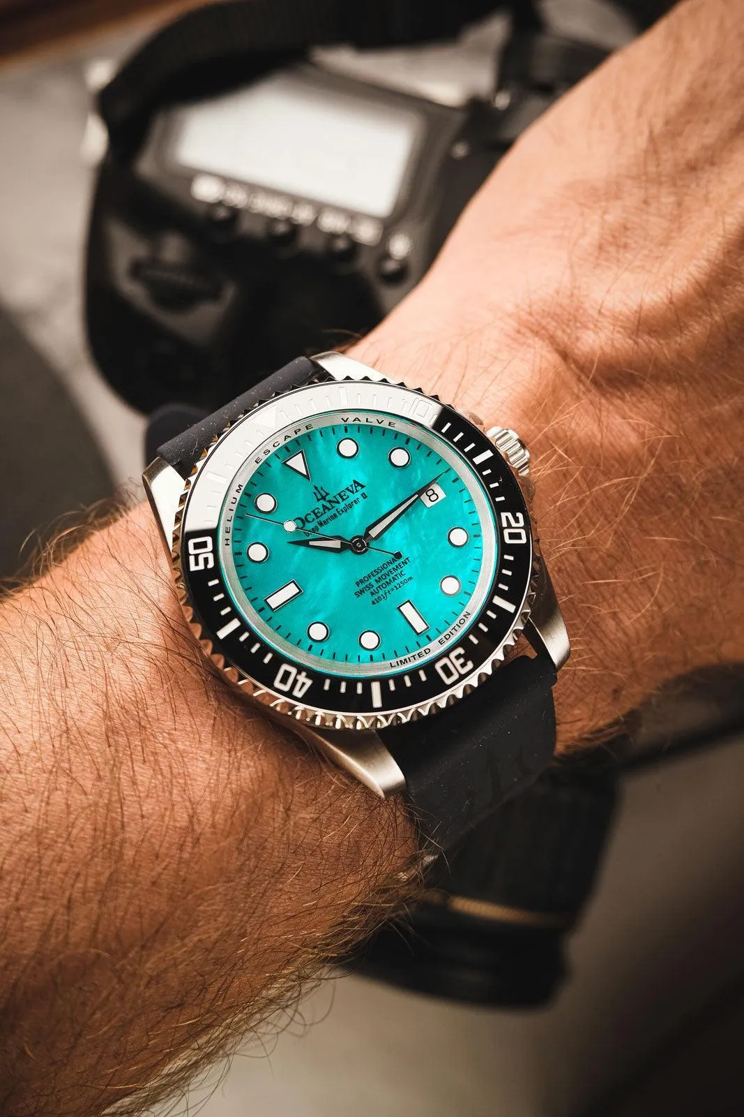 Oceaneva Men's Deep Marine Explorer II 1250M Pro Diver Watch Aquamarine Mother of Pearl Dial