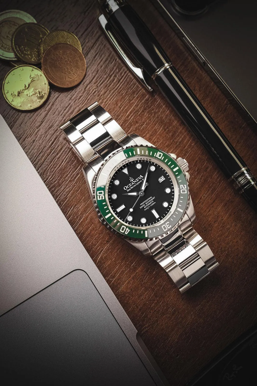 Oceaneva Men's Deep Marine Explorer II 1250M Pro Diver Watch Black and Green