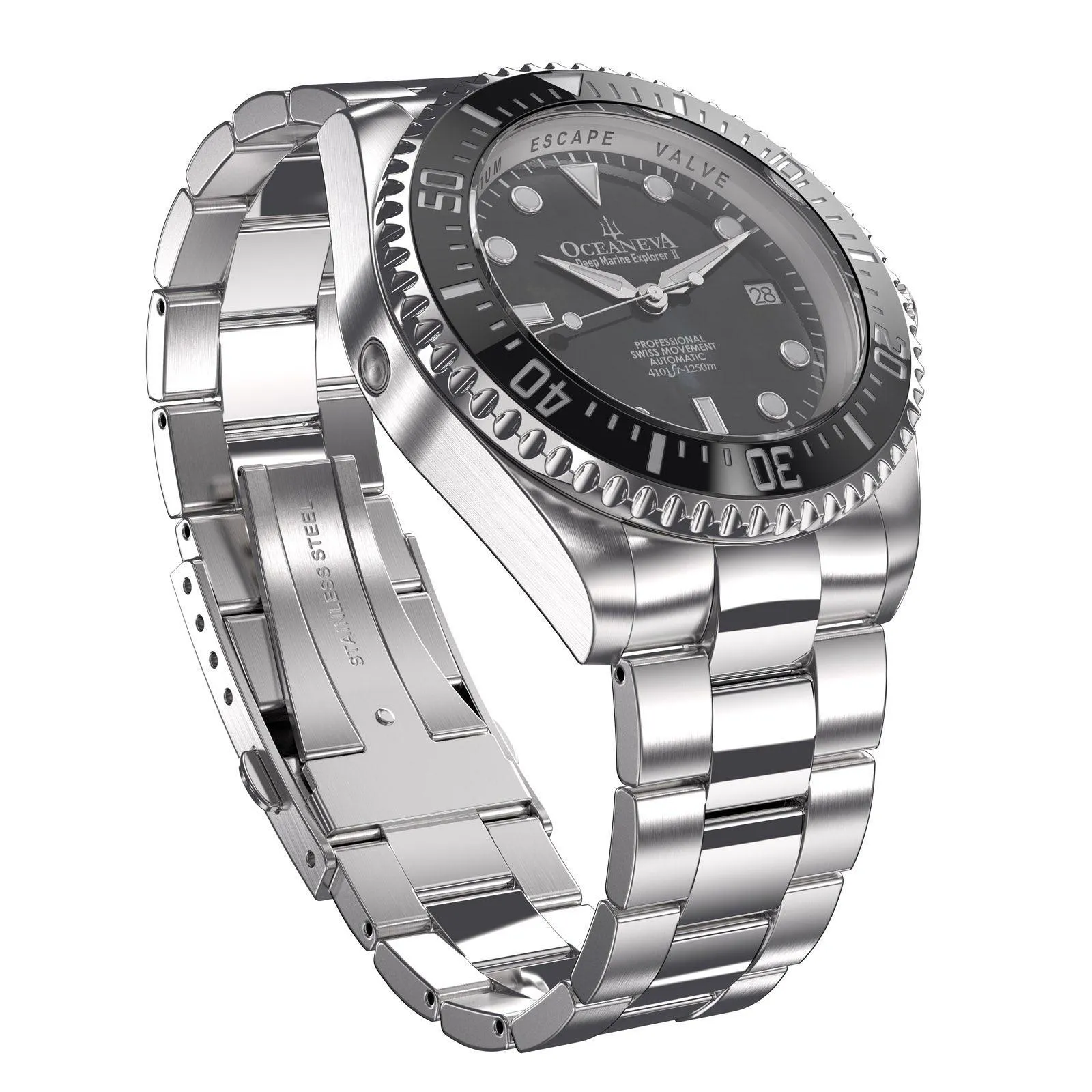 Oceaneva Men's Deep Marine Explorer II 1250M Pro Diver Watch Black Mother Of Pearl