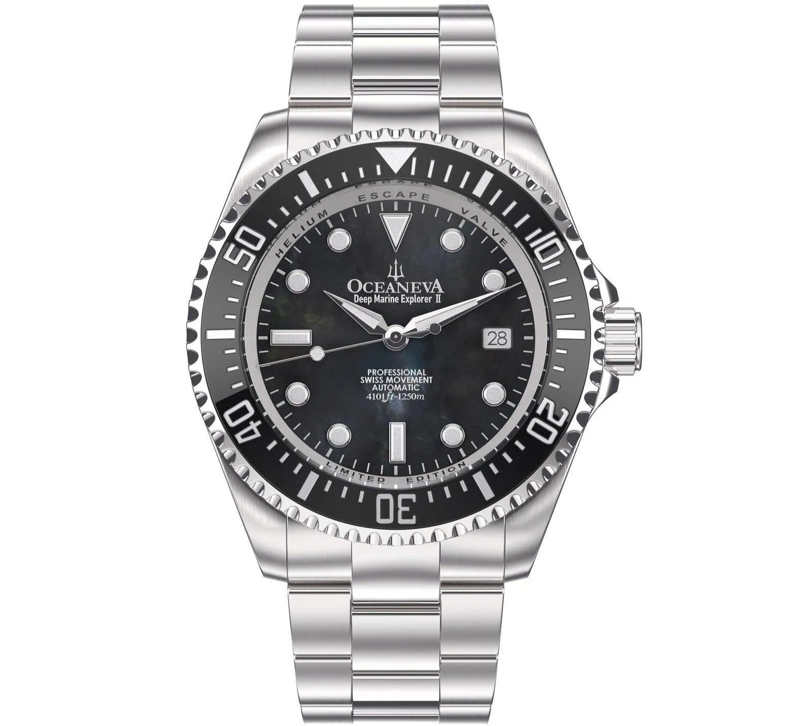 Oceaneva Men's Deep Marine Explorer II 1250M Pro Diver Watch Black Mother Of Pearl