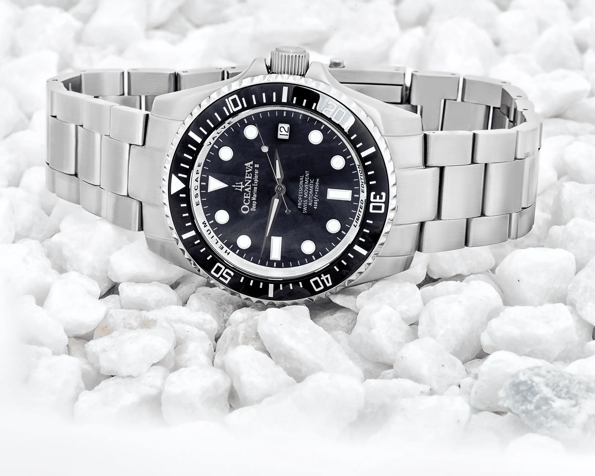 Oceaneva Men's Deep Marine Explorer II 1250M Pro Diver Watch Black Mother Of Pearl