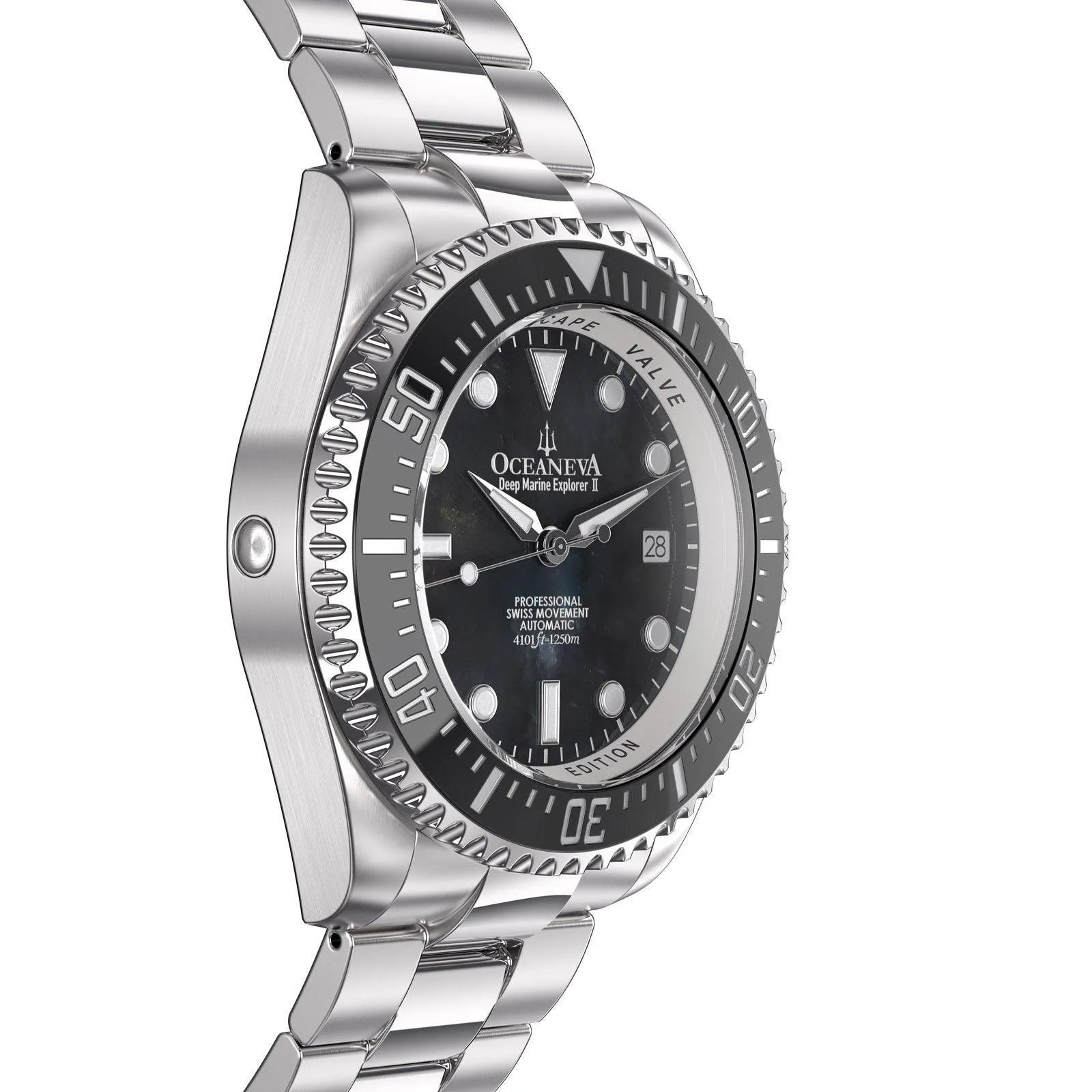 Oceaneva Men's Deep Marine Explorer II 1250M Pro Diver Watch Black Mother Of Pearl