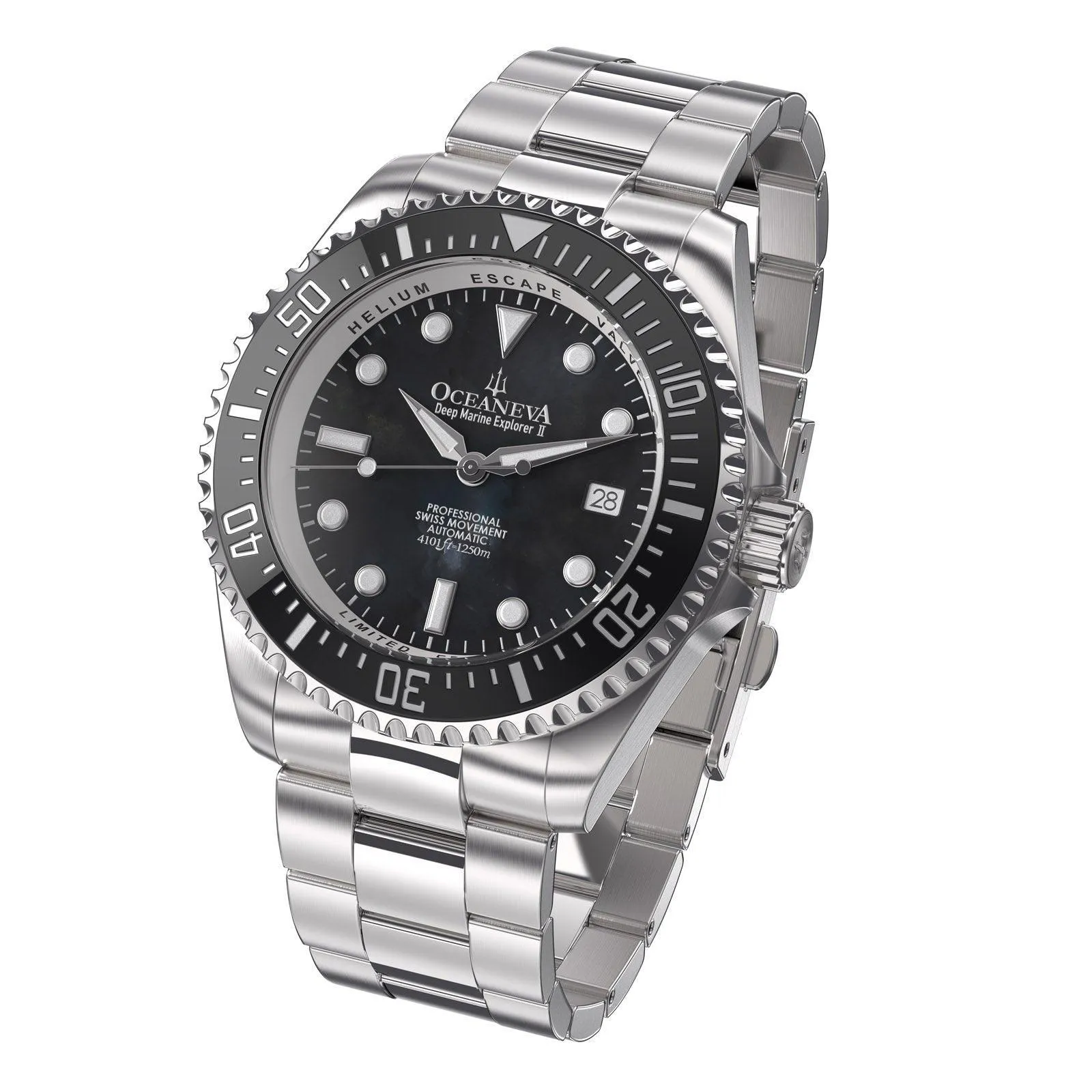Oceaneva Men's Deep Marine Explorer II 1250M Pro Diver Watch Black Mother Of Pearl