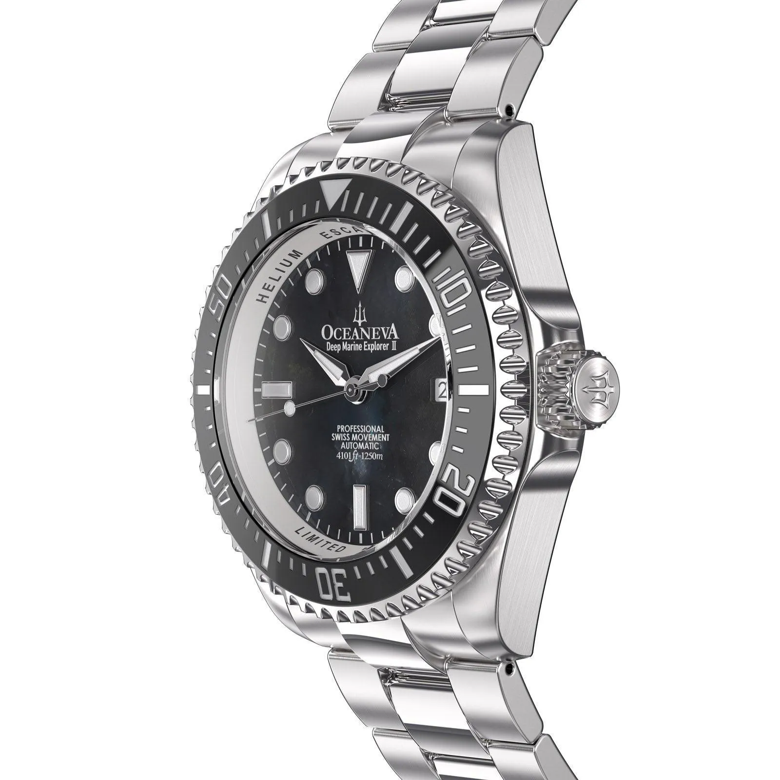 Oceaneva Men's Deep Marine Explorer II 1250M Pro Diver Watch Black Mother Of Pearl