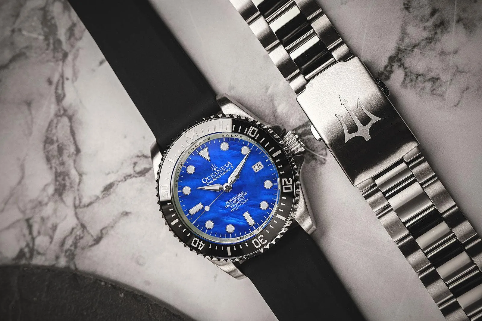 Oceaneva Men's Deep Marine Explorer II 1250M Pro Diver Watch Blue Mother Of Pearl
