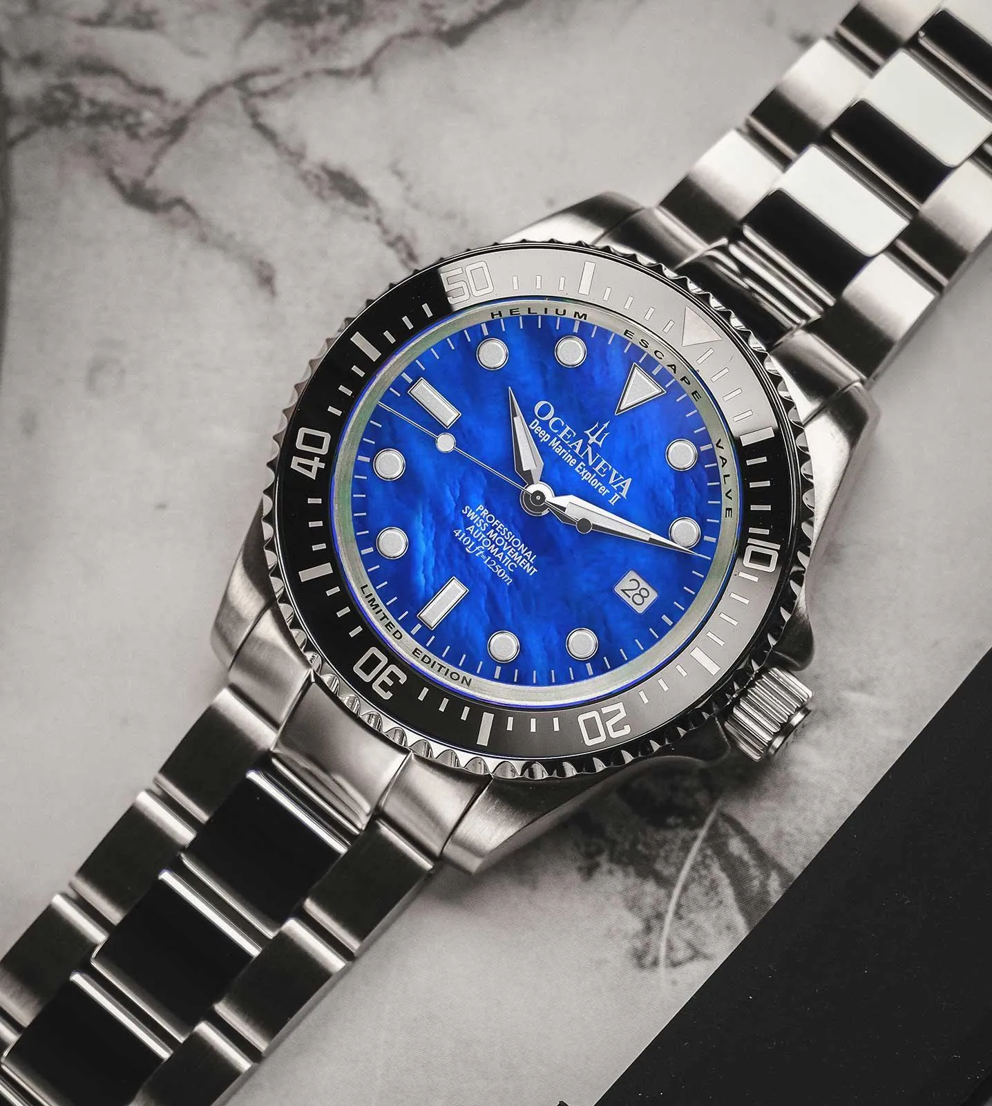 Oceaneva Men's Deep Marine Explorer II 1250M Pro Diver Watch Blue Mother Of Pearl
