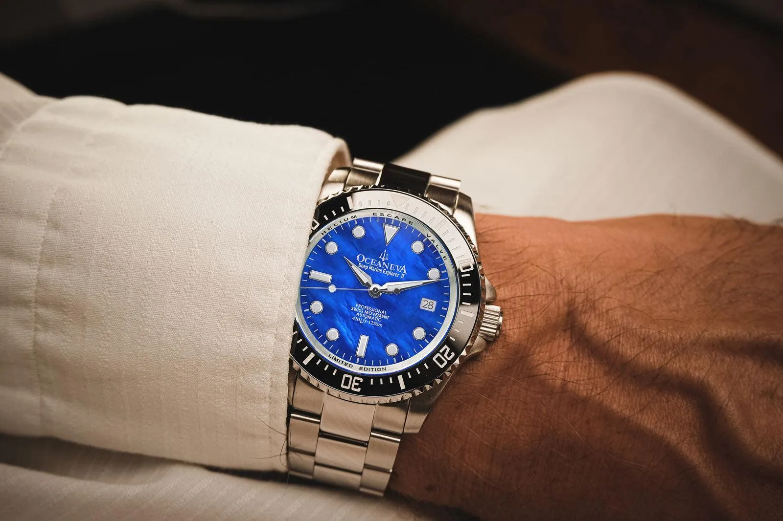 Oceaneva Men's Deep Marine Explorer II 1250M Pro Diver Watch Blue Mother Of Pearl