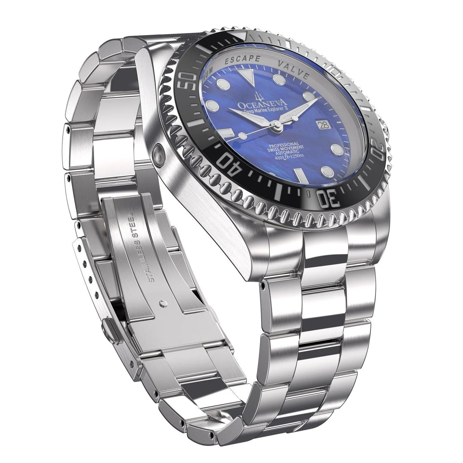 Oceaneva Men's Deep Marine Explorer II 1250M Pro Diver Watch Blue Mother Of Pearl