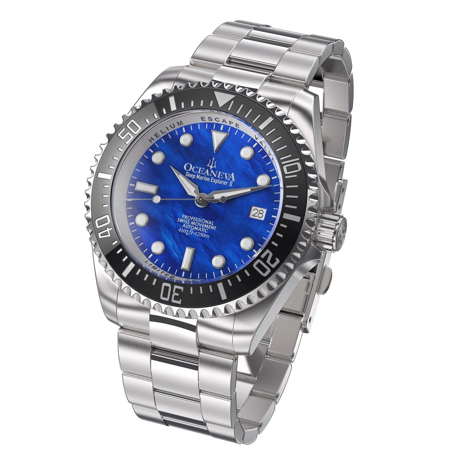 Oceaneva Men's Deep Marine Explorer II 1250M Pro Diver Watch Blue Mother Of Pearl