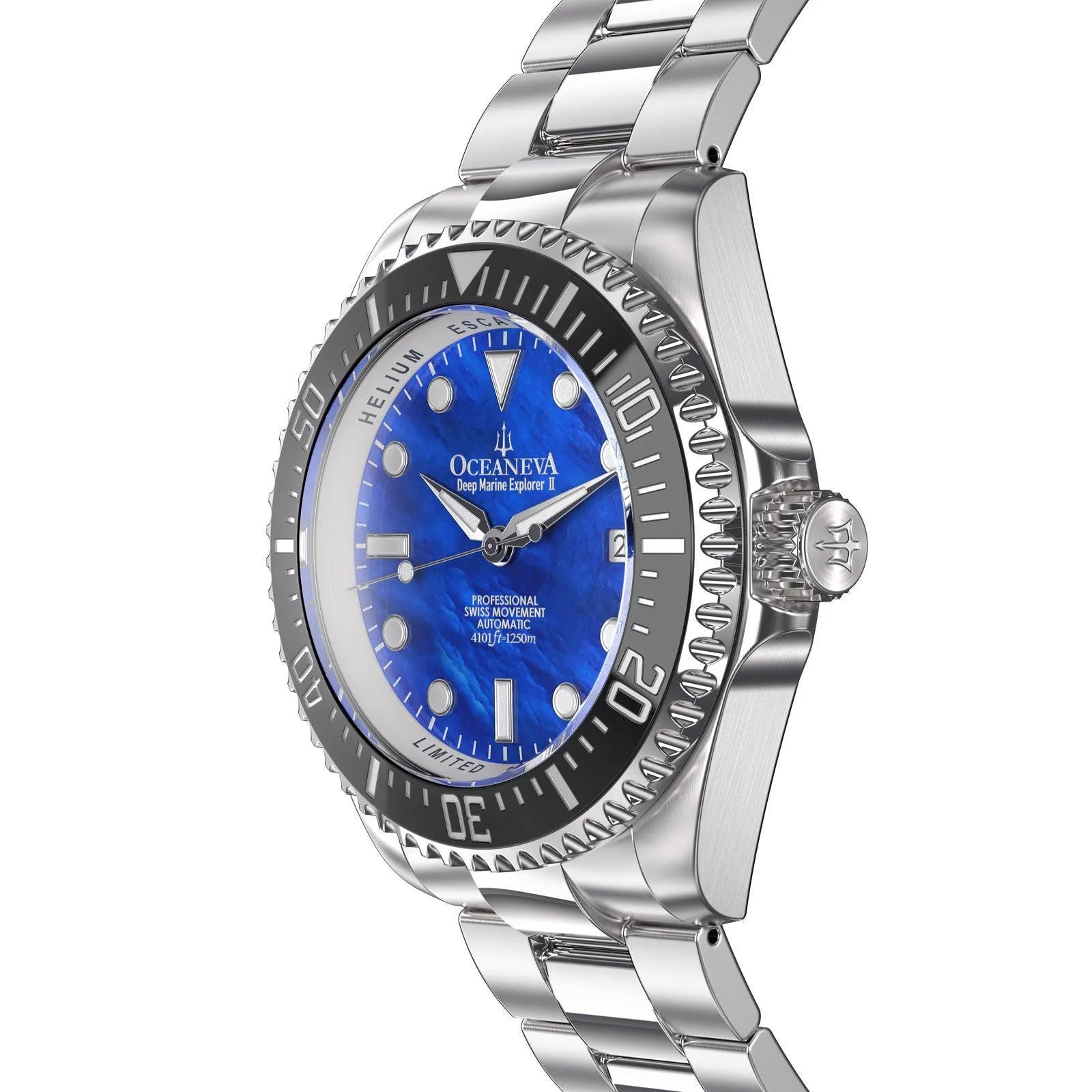 Oceaneva Men's Deep Marine Explorer II 1250M Pro Diver Watch Blue Mother Of Pearl