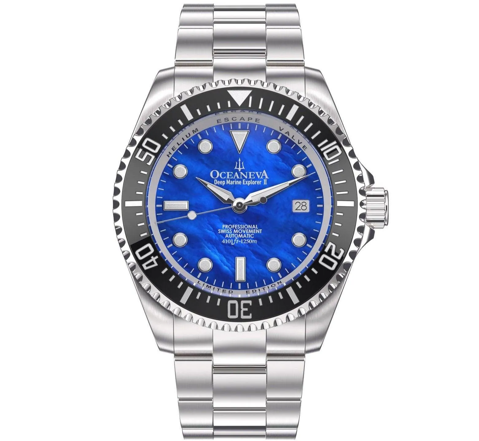 Oceaneva Men's Deep Marine Explorer II 1250M Pro Diver Watch Blue Mother Of Pearl