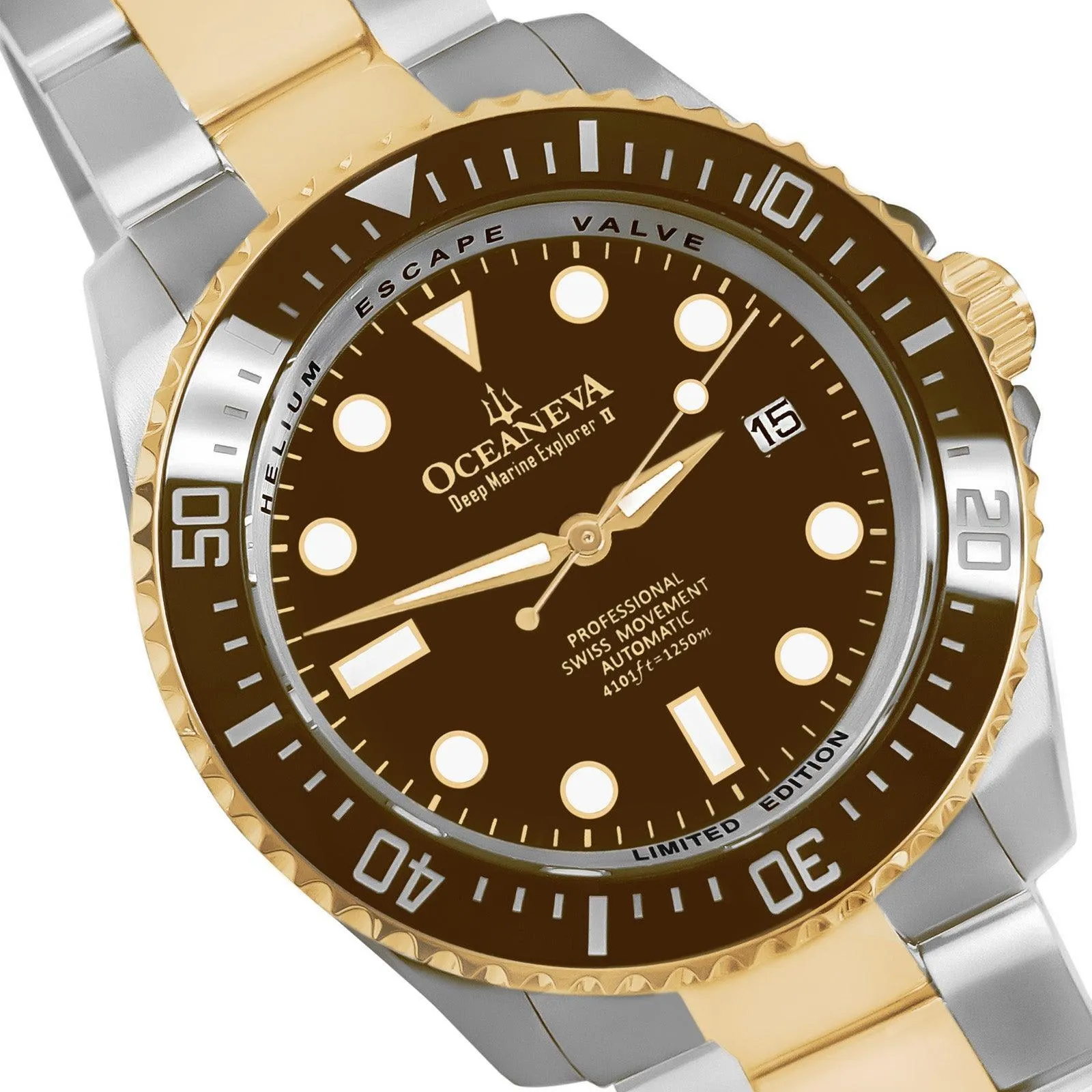 Oceaneva Men's Deep Marine Explorer II 1250M Pro Diver Watch Brown Yellow Gold