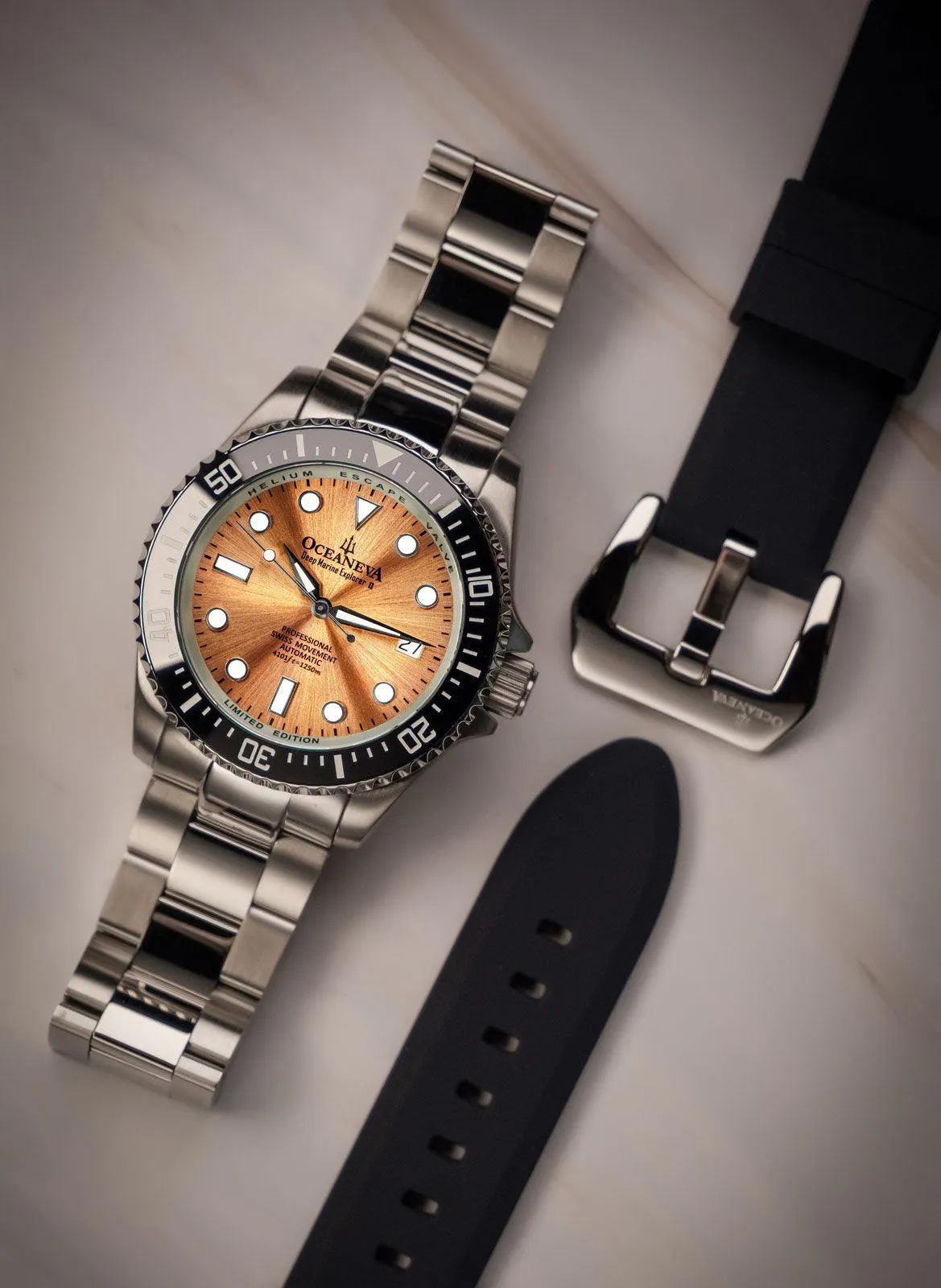 Oceaneva Men's Deep Marine Explorer II 1250M Pro Diver Watch Copper Burst Dial