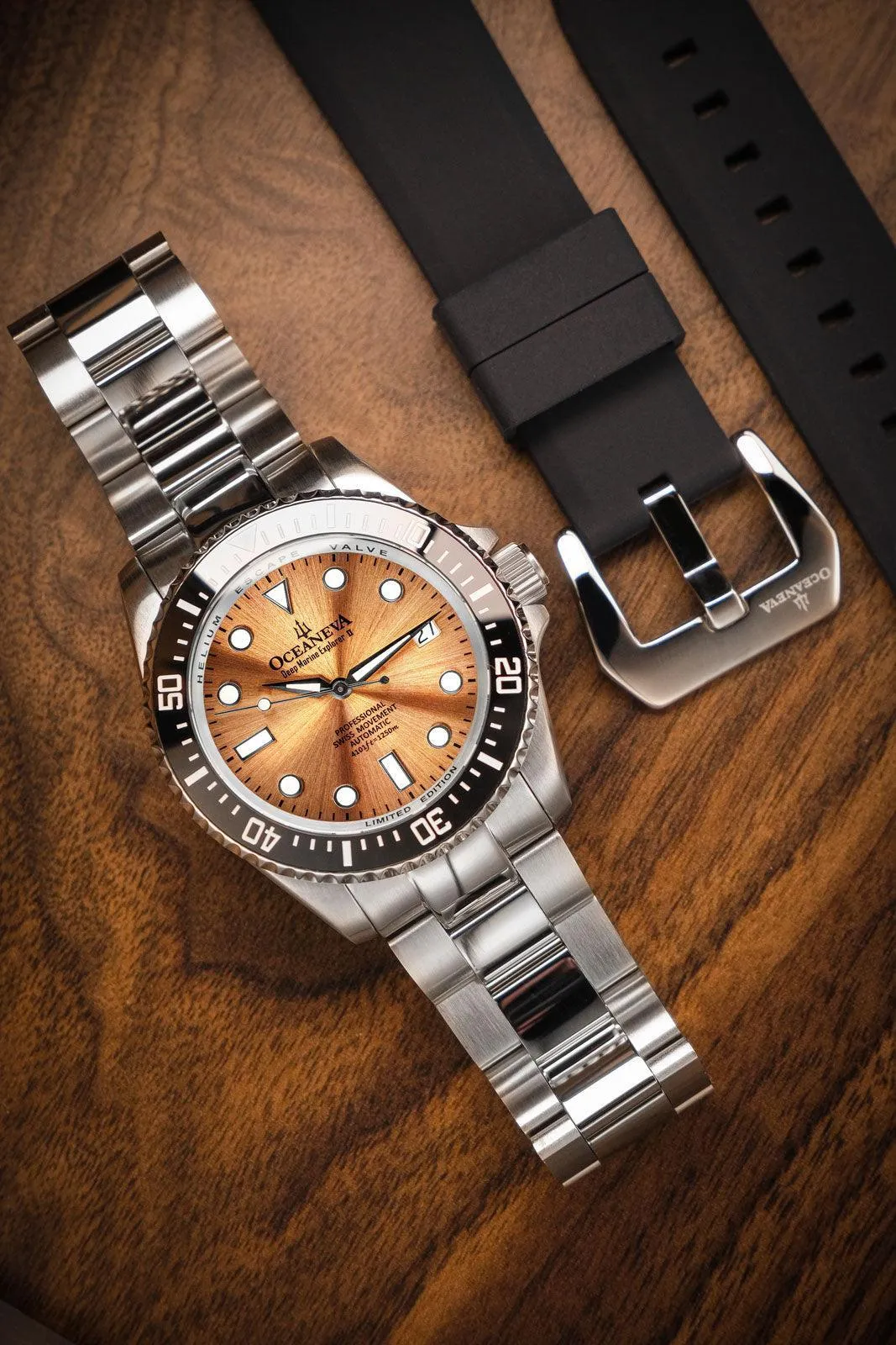 Oceaneva Men's Deep Marine Explorer II 1250M Pro Diver Watch Copper Burst Dial