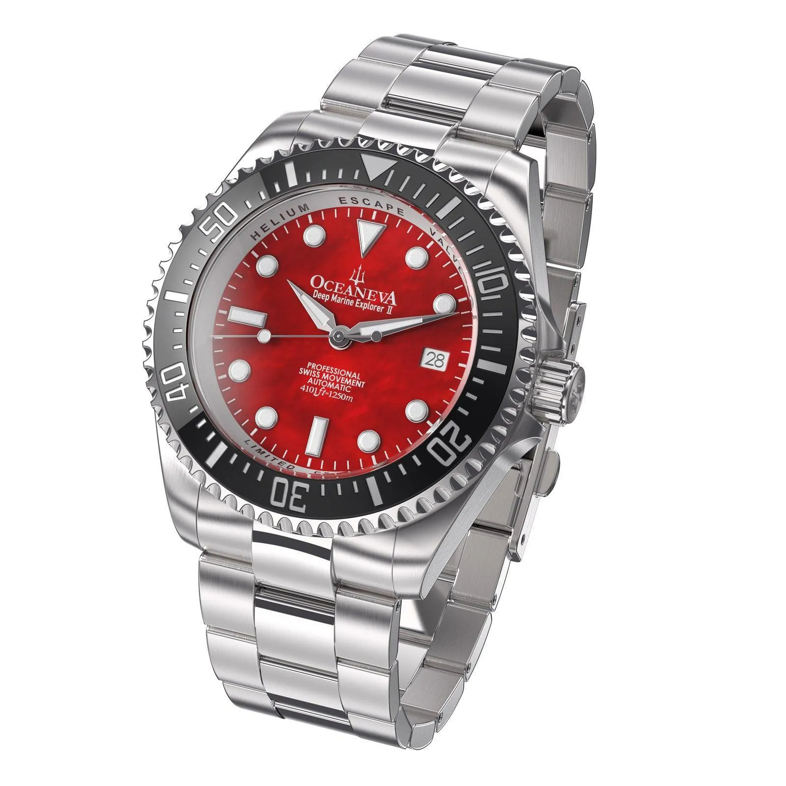 Oceaneva Men's Deep Marine Explorer II 1250M Pro Diver Watch Red Mother of Pearl Dial