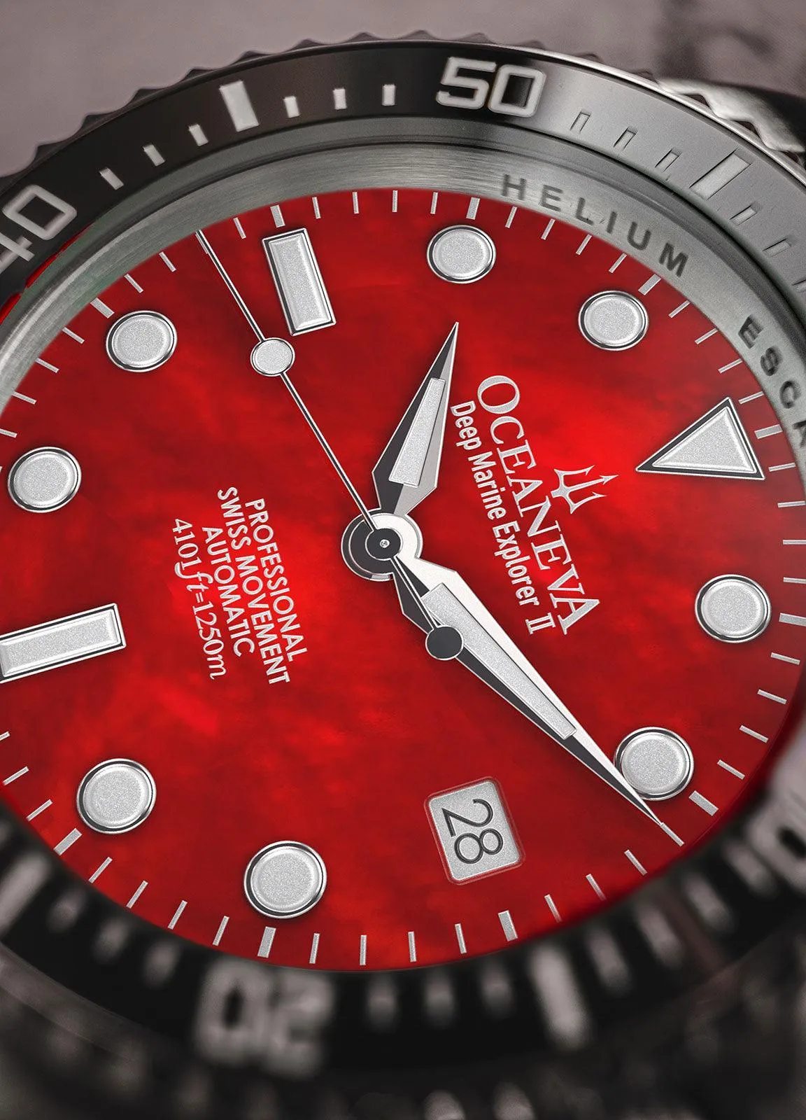 Oceaneva Men's Deep Marine Explorer II 1250M Pro Diver Watch Red Mother of Pearl Dial