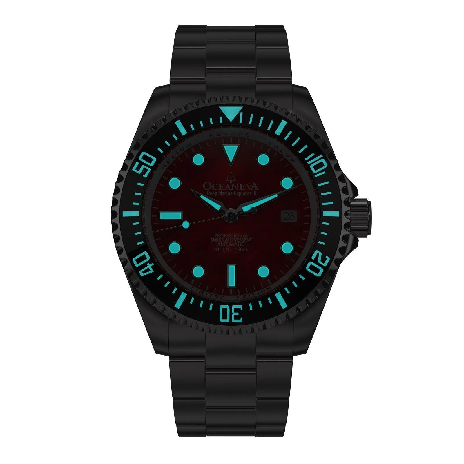 Oceaneva Men's Deep Marine Explorer II 1250M Pro Diver Watch Red Mother of Pearl Dial