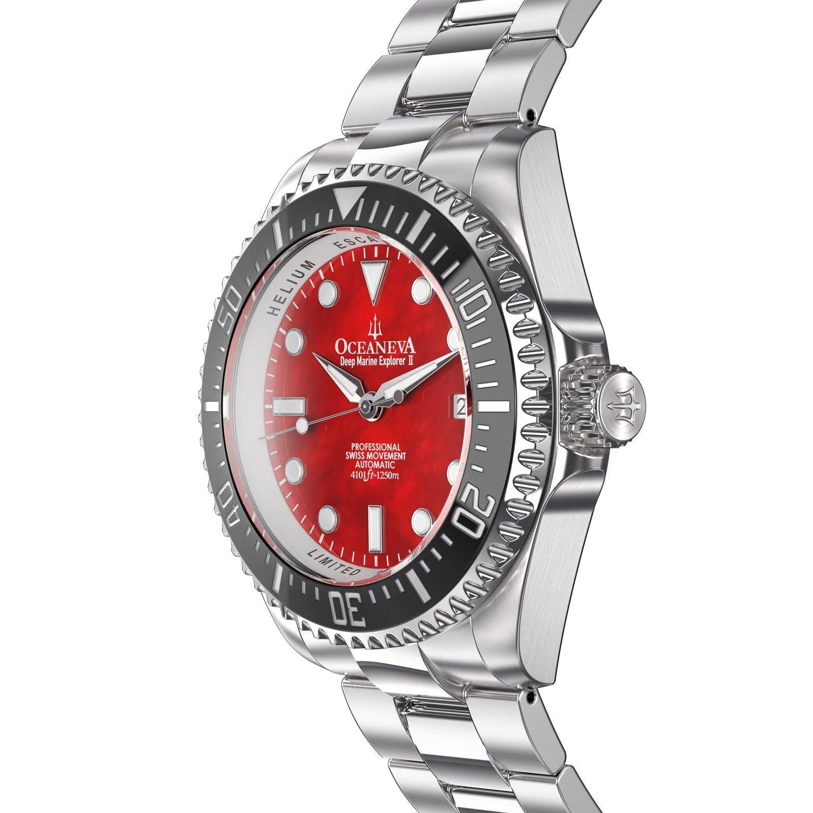 Oceaneva Men's Deep Marine Explorer II 1250M Pro Diver Watch Red Mother of Pearl Dial