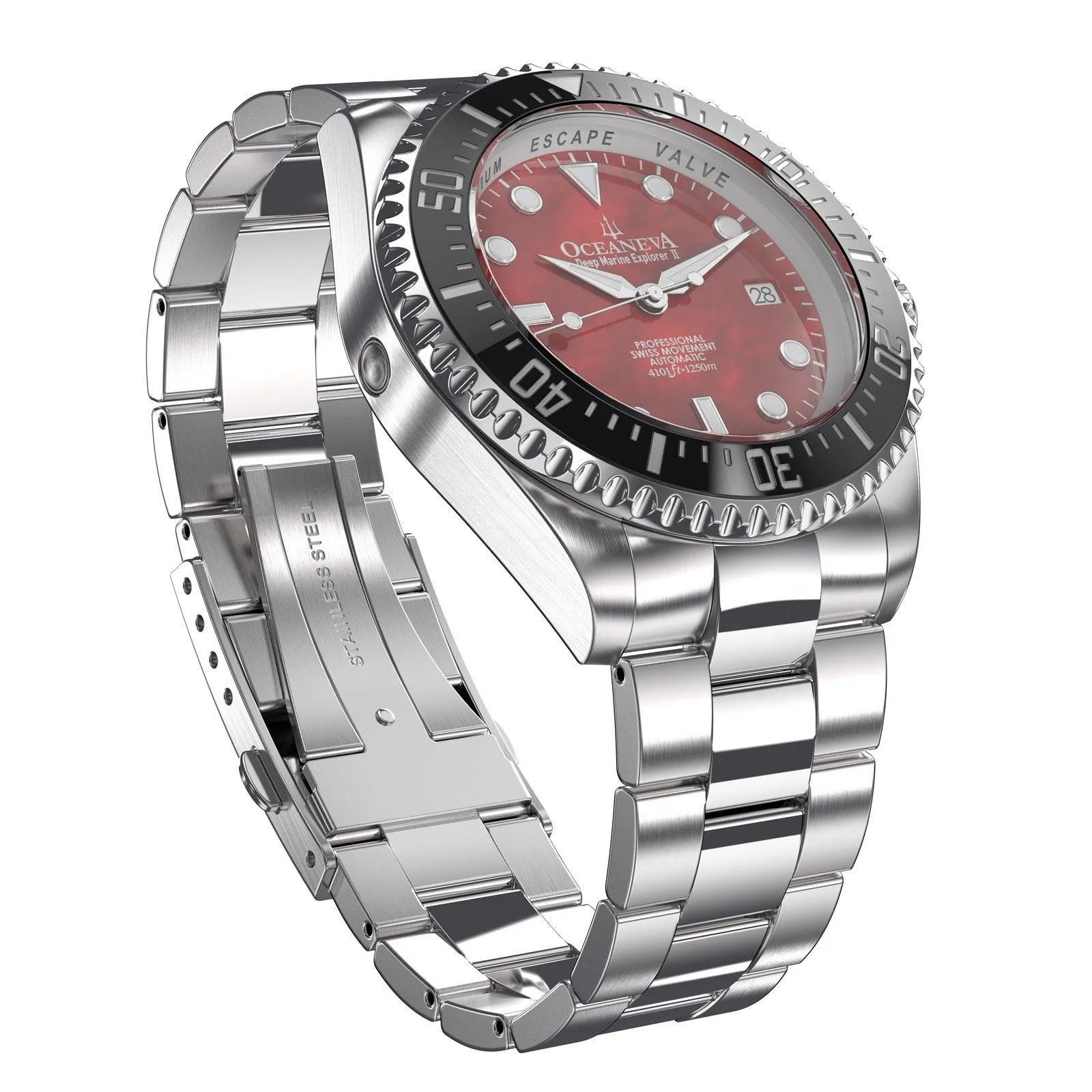 Oceaneva Men's Deep Marine Explorer II 1250M Pro Diver Watch Red Mother of Pearl Dial