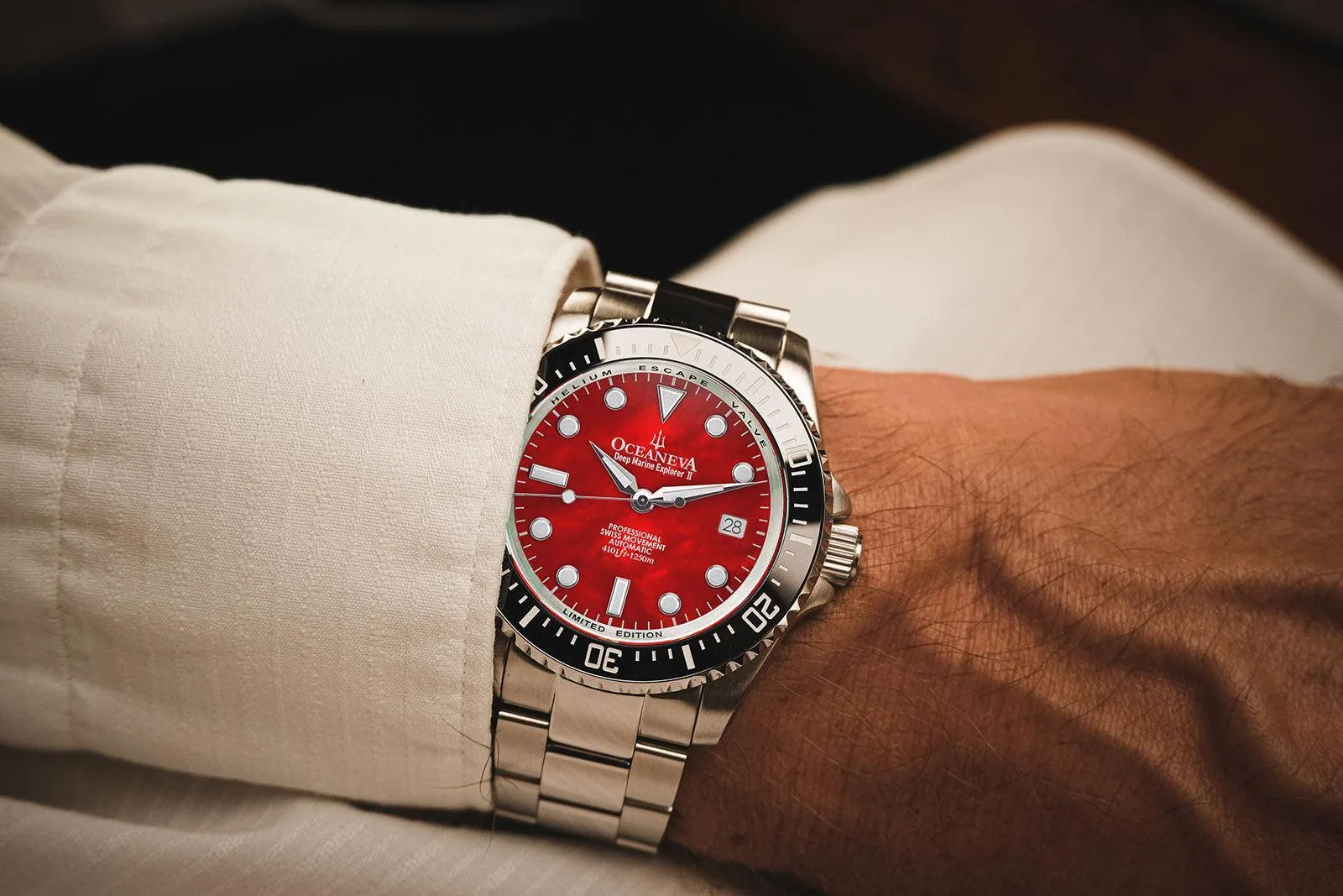 Oceaneva Men's Deep Marine Explorer II 1250M Pro Diver Watch Red Mother of Pearl Dial