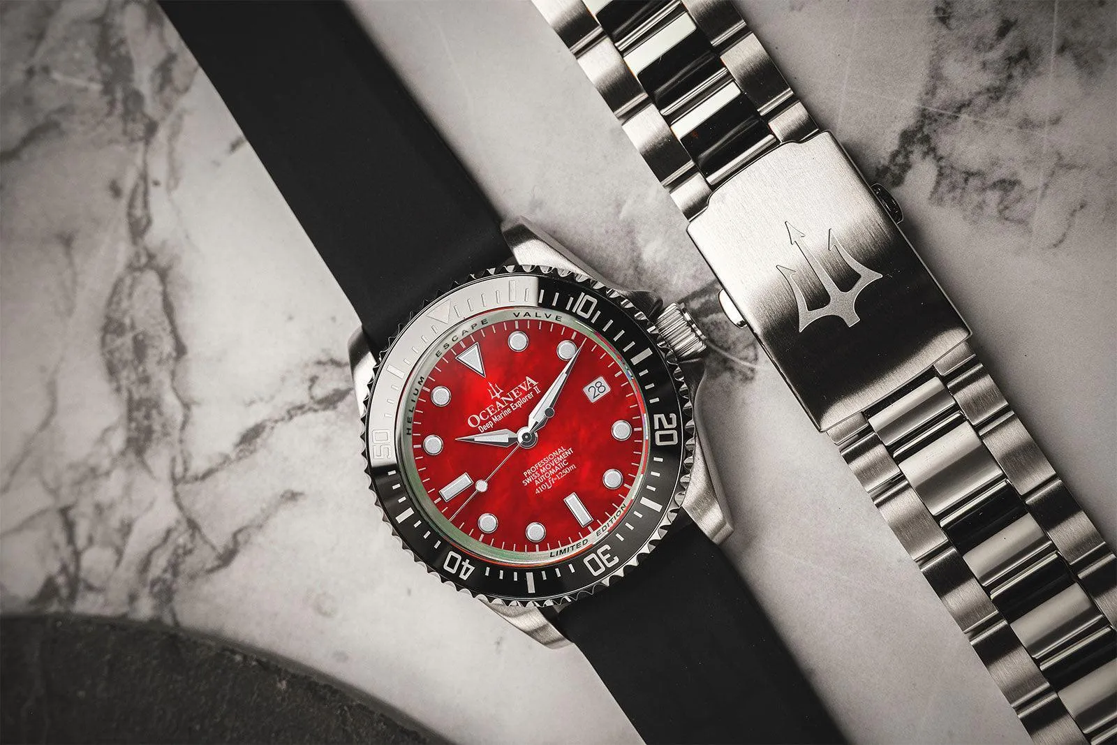 Oceaneva Men's Deep Marine Explorer II 1250M Pro Diver Watch Red Mother of Pearl Dial