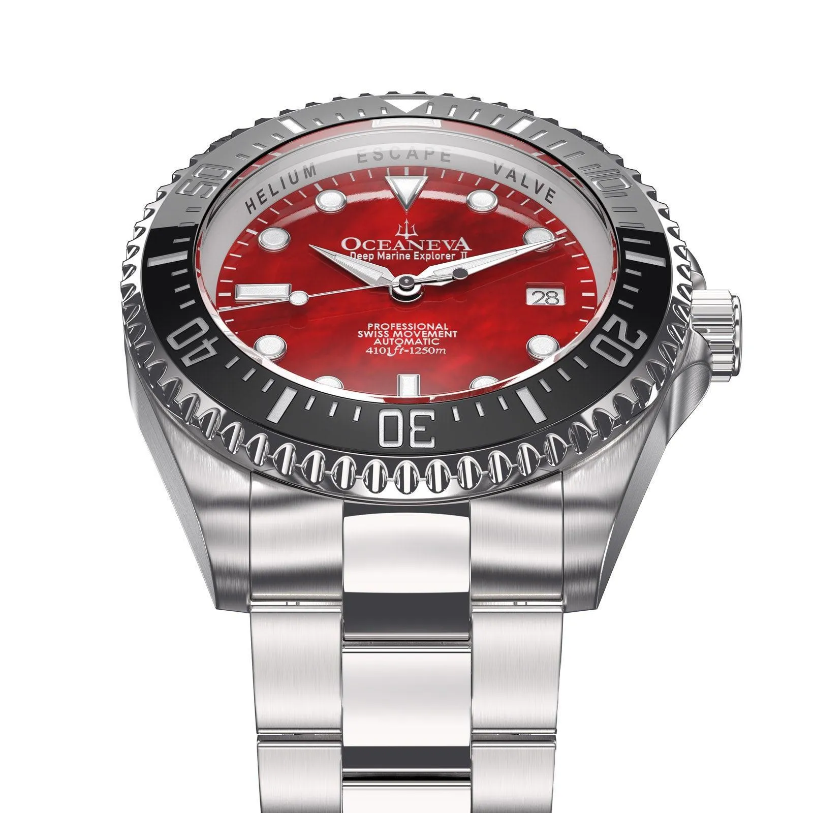 Oceaneva Men's Deep Marine Explorer II 1250M Pro Diver Watch Red Mother of Pearl Dial