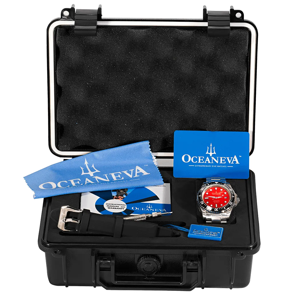 Oceaneva Men's Deep Marine Explorer II 1250M Pro Diver Watch Red Mother of Pearl Dial