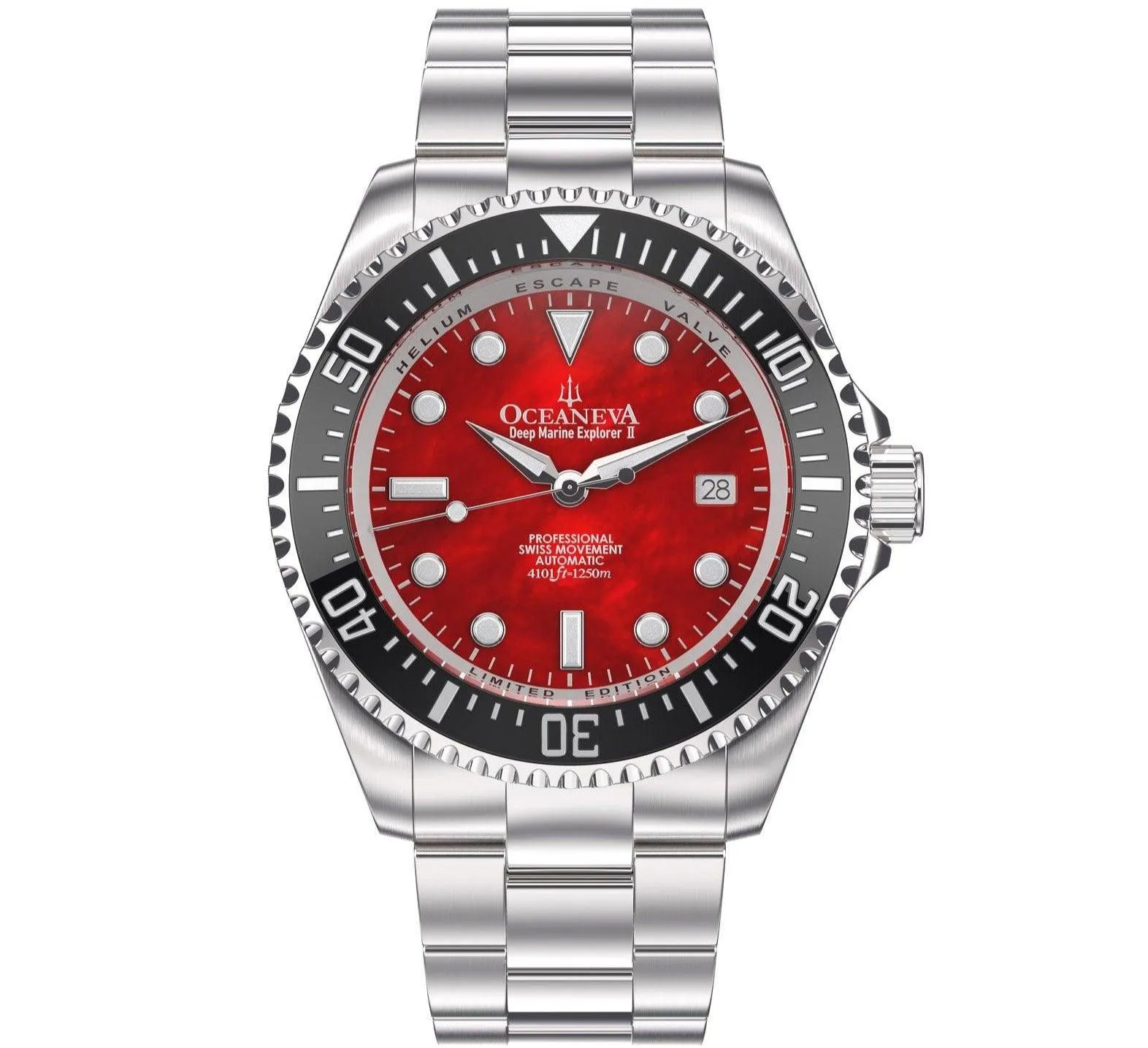 Oceaneva Men's Deep Marine Explorer II 1250M Pro Diver Watch Red Mother of Pearl Dial