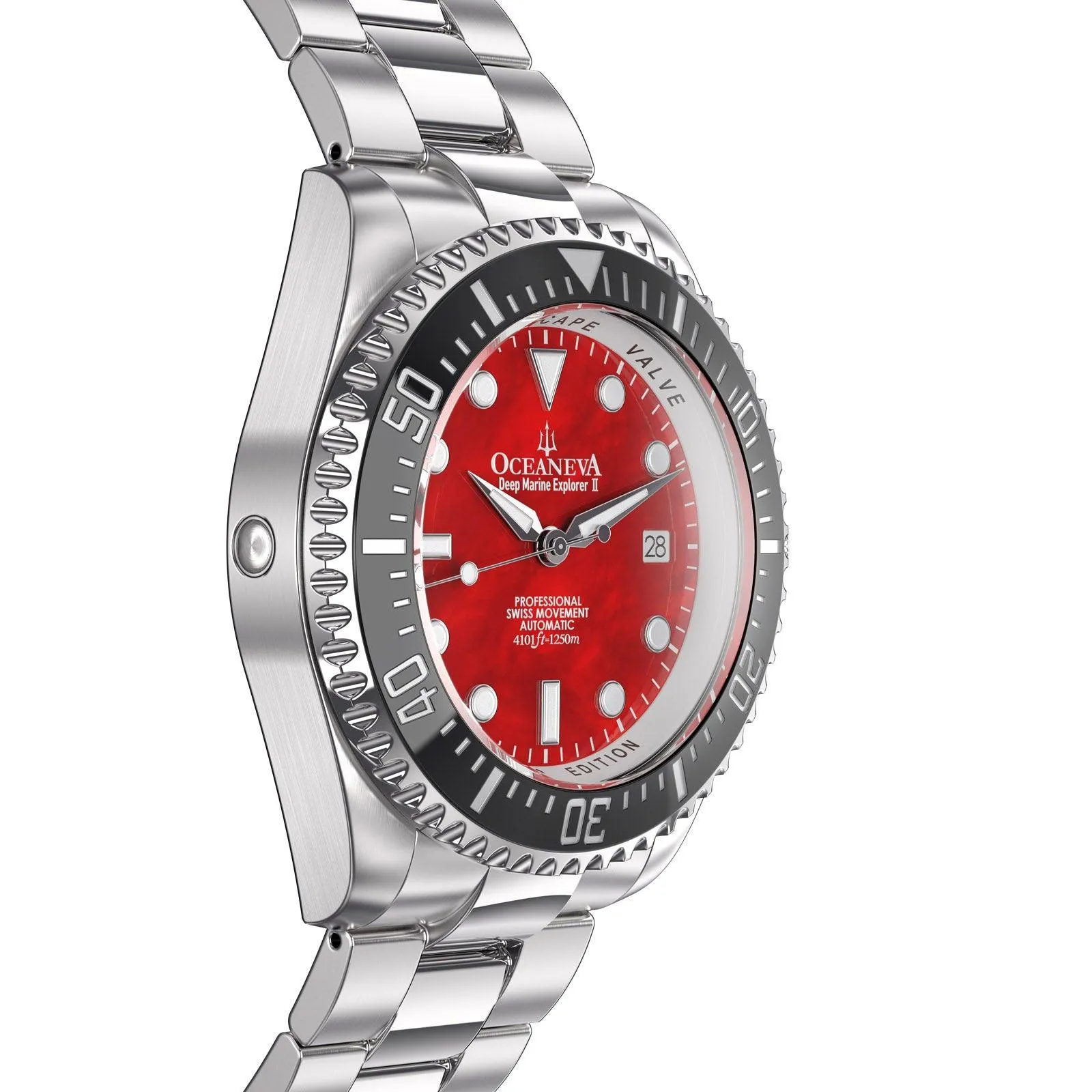 Oceaneva Men's Deep Marine Explorer II 1250M Pro Diver Watch Red Mother of Pearl Dial