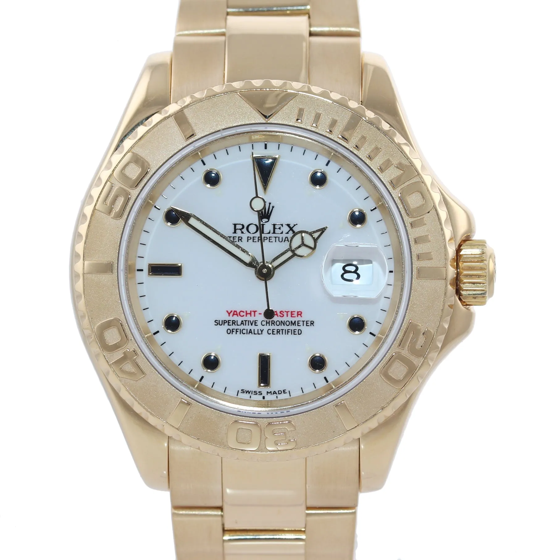 PAPERS 2005 MINT Rolex Yacht-Master 18k Yellow Gold White Dial 16628 40mm Watch