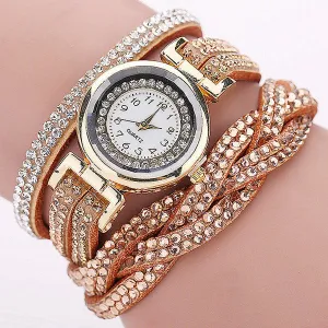 Rhinestone Braided Leather Bracelet Watch
