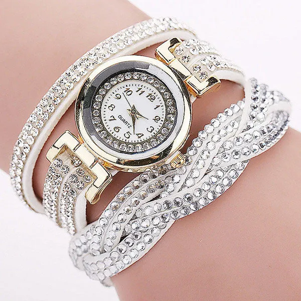 Rhinestone Braided Leather Bracelet Watch
