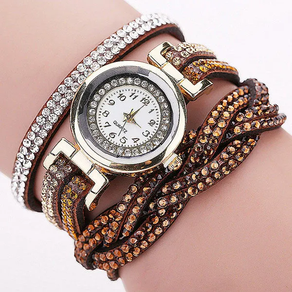 Rhinestone Braided Leather Bracelet Watch