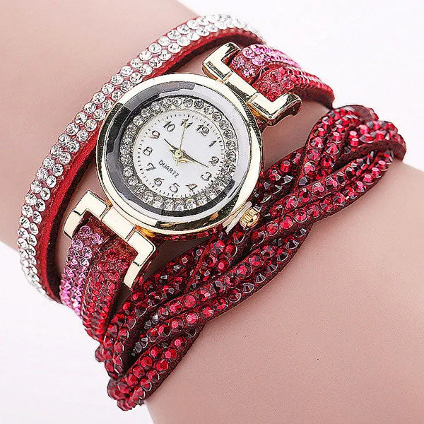 Rhinestone Braided Leather Bracelet Watch
