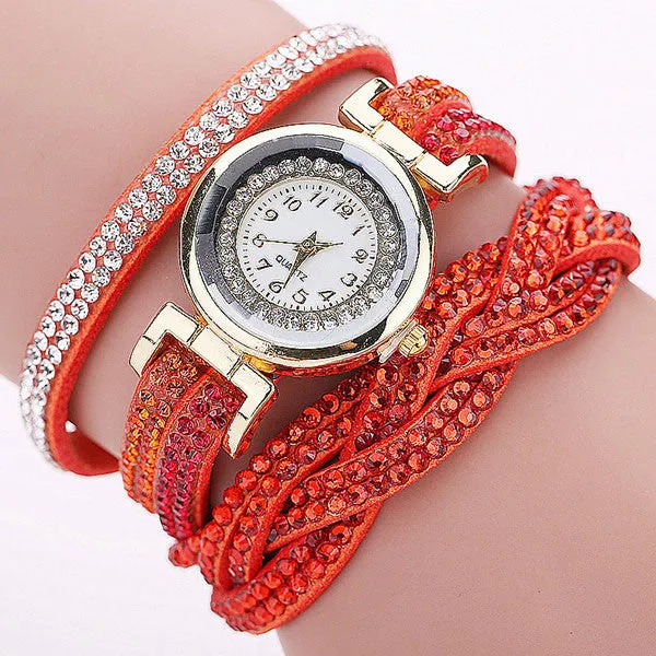 Rhinestone Braided Leather Bracelet Watch
