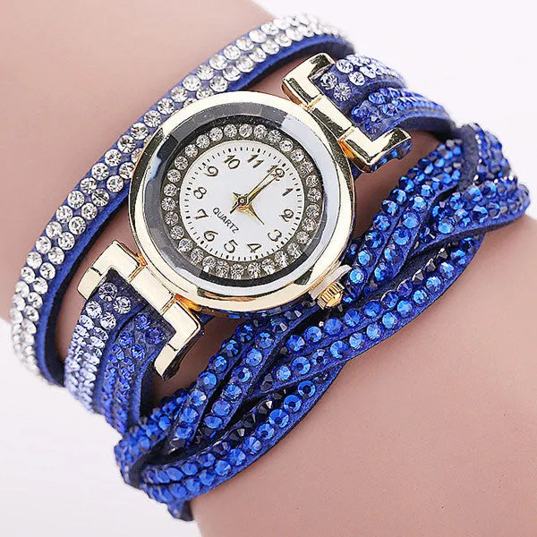 Rhinestone Braided Leather Bracelet Watch