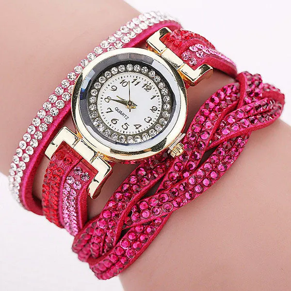 Rhinestone Braided Leather Bracelet Watch